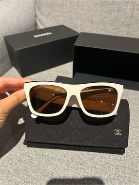 Authentic Chanel White Frame rectangular Brown Lens Sunglasses, golden logo